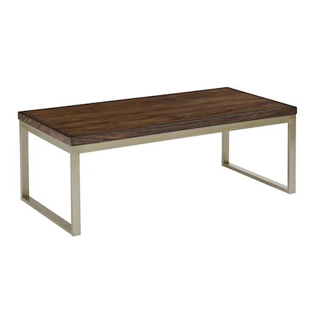 Linear Rectangular Cocktail Table with Mahogany Top and Contemporary Metal Base